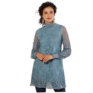 SOFT SURROUNDINGS Blue Silk Embroidered Sheer Tunic Lined Top Women's Petite XL